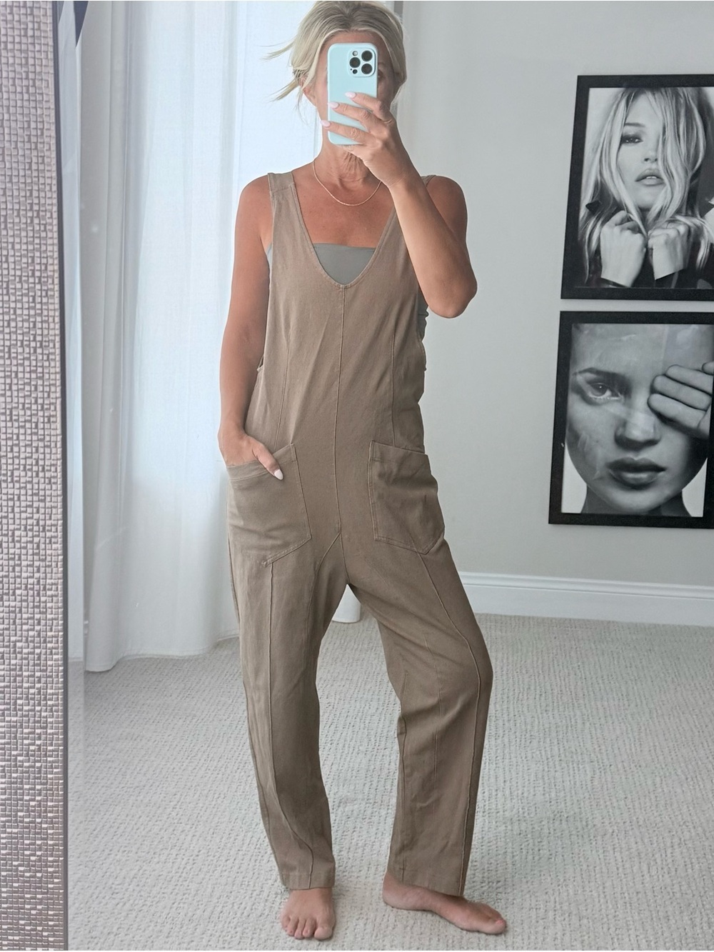 Sleeveless Utility Denim Jumpsuit Romper in Khaki